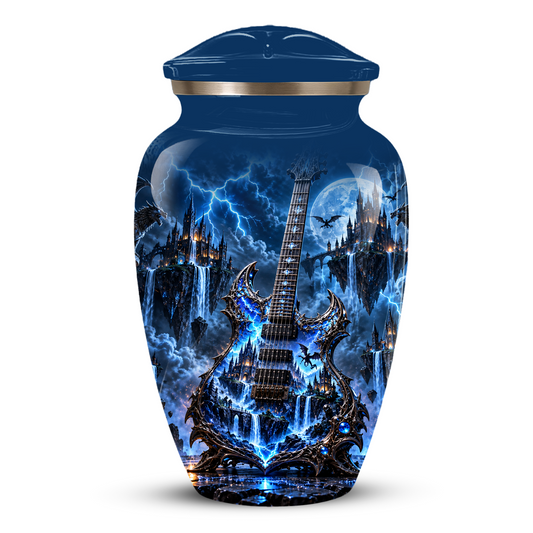 Gothic Electric Guitar Cremation Urn for Ashes, Blue Fantasy Musician Urn, Custom Guitar Urn