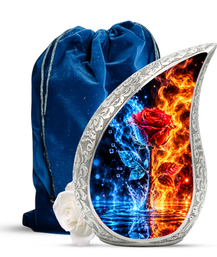 Red Rose Cremation Urn for Ashes, Blue and Fire Rose Adult Memorial Urn