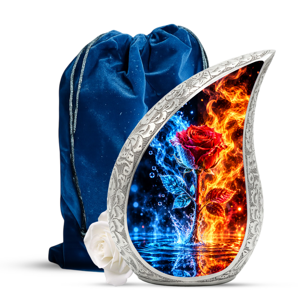 Red Rose Cremation Urn for Ashes, Blue and Fire Rose Adult Memorial Urn