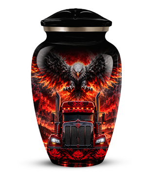 Personalized Adult Cremation Urn for Ashes, Custom Red Semi Truck and Fiery Eagle Memorial Urn, Truck Driver Urn