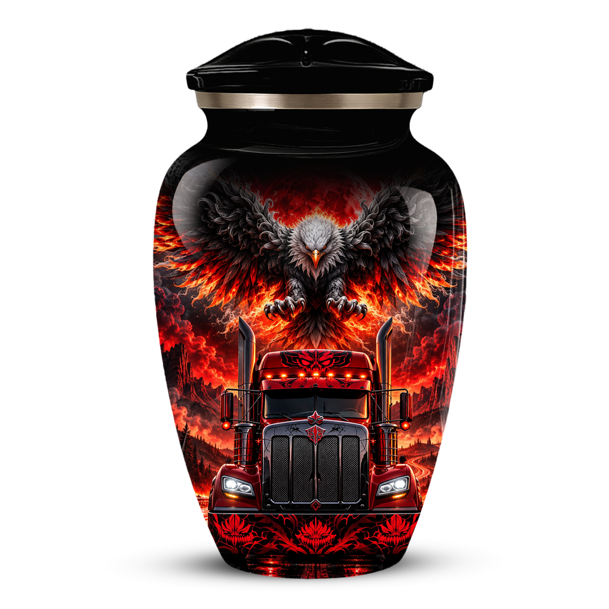 Personalized Adult Cremation Urn for Ashes, Custom Red Semi Truck and Fiery Eagle Memorial Urn, Truck Driver Urn
