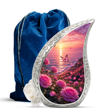Flower Beach Urn for Mom – Pink Rose Ocean Sunset Cremation Urn for Human Ashes,