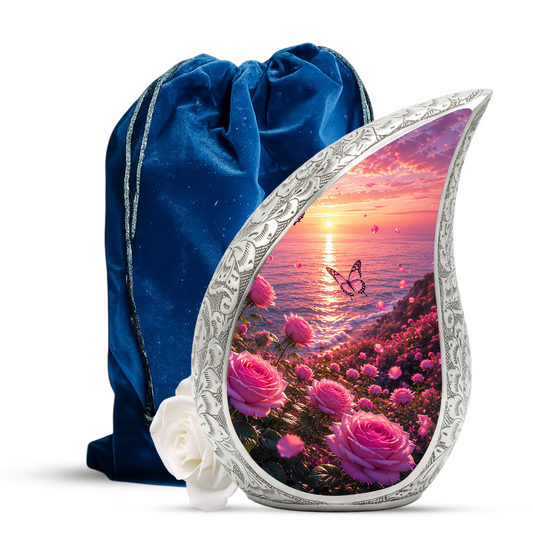 Flower Beach Urn for Mom – Pink Rose Ocean Sunset Cremation Urn for Human Ashes,