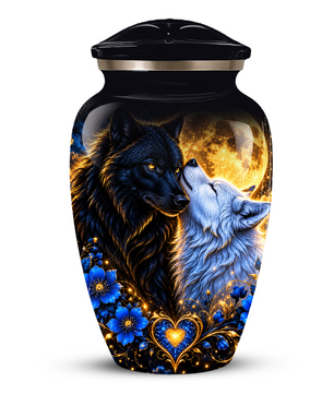 Personalized Wolf Cremation Urn for Ashes, Black and White Wolf Memorial Urn, Blue Floral Adult Urn, Custom Adult Urn