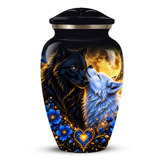 Personalized Wolf Cremation Urn for Ashes, Black and White Wolf Memorial Urn, Blue Floral Adult Urn, Custom Adult Urn