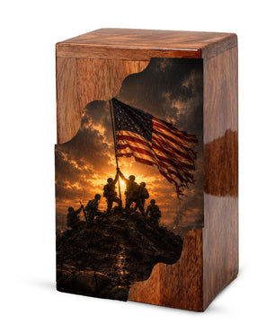 Patriotic Wooden Cremation Urn | Veteran Memorial Urn for Dad | Military Urn with American Flag