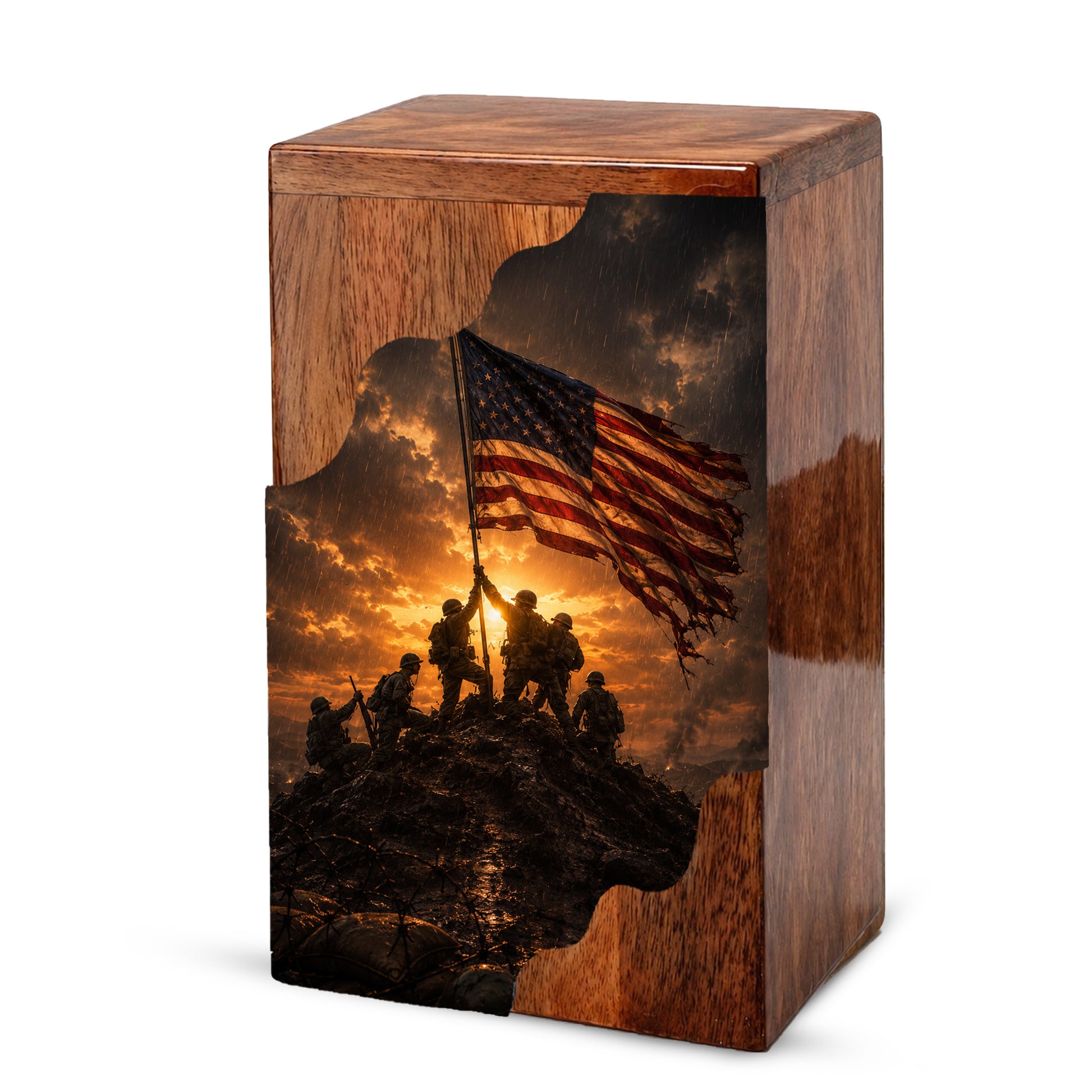 Patriotic Wooden Cremation Urn | Veteran Memorial Urn for Dad | Military Urn with American Flag