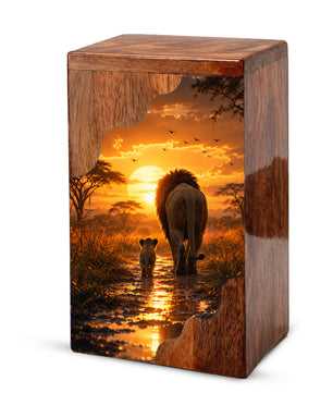 Lion Wooden Cremation Urn – Sunset Memorial Urn for Human Ashes | Strength, Love & Eternal Connection Wooden Urn