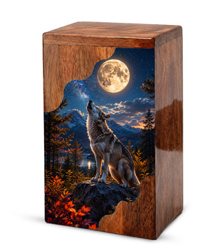 Wolf Wooden Cremation Urn – Personalized Memorial Urn for Human Ashes | Moonlit Wolf Wooden Urn