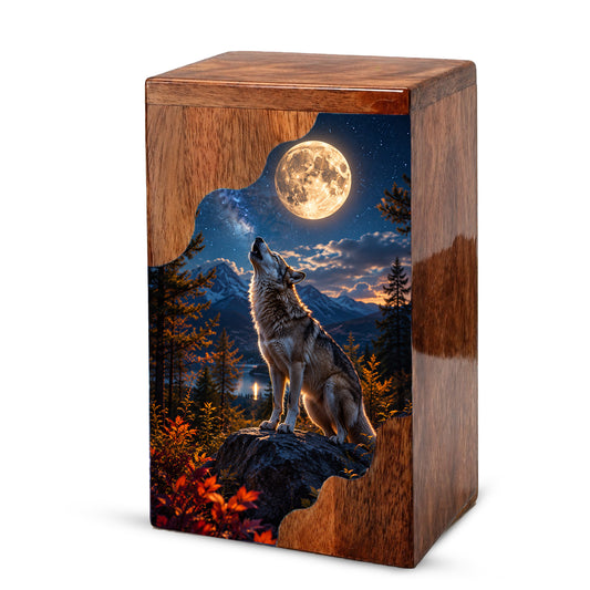 Wolf Wooden Cremation Urn – Personalized Memorial Urn for Human Ashes | Moonlit Wolf Wooden Urn