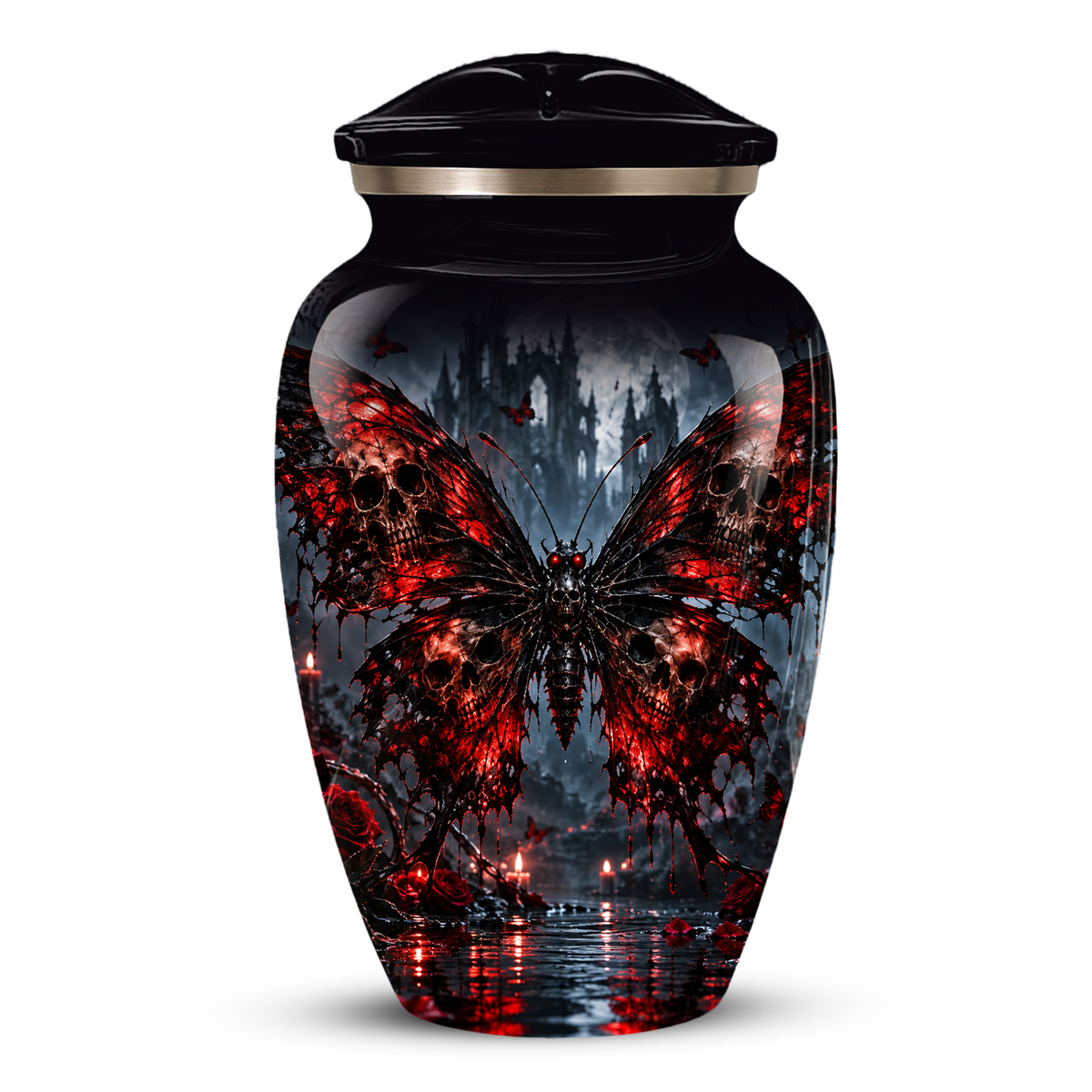 Gothic Butterfly Adult Urn for Ashes – Red & Black Skull Butterfly Cremation Urn for Adults