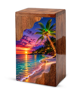 Wooden Beach Urn for Human Ashes | Palm Tree Wooden Cremation Urn | Ocean Sunset Memorial Urn