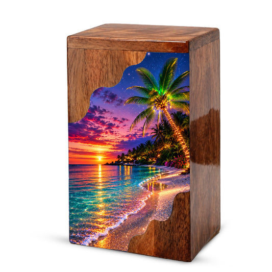 Wooden Beach Urn for Human Ashes | Palm Tree Wooden Cremation Urn | Ocean Sunset Memorial Urn