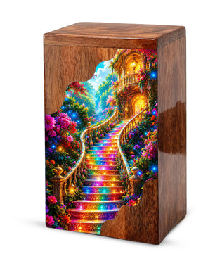 Enchanted Garden Stairway Wooden Cremation Urn – Personalized Memorial Urn for Human Ashes