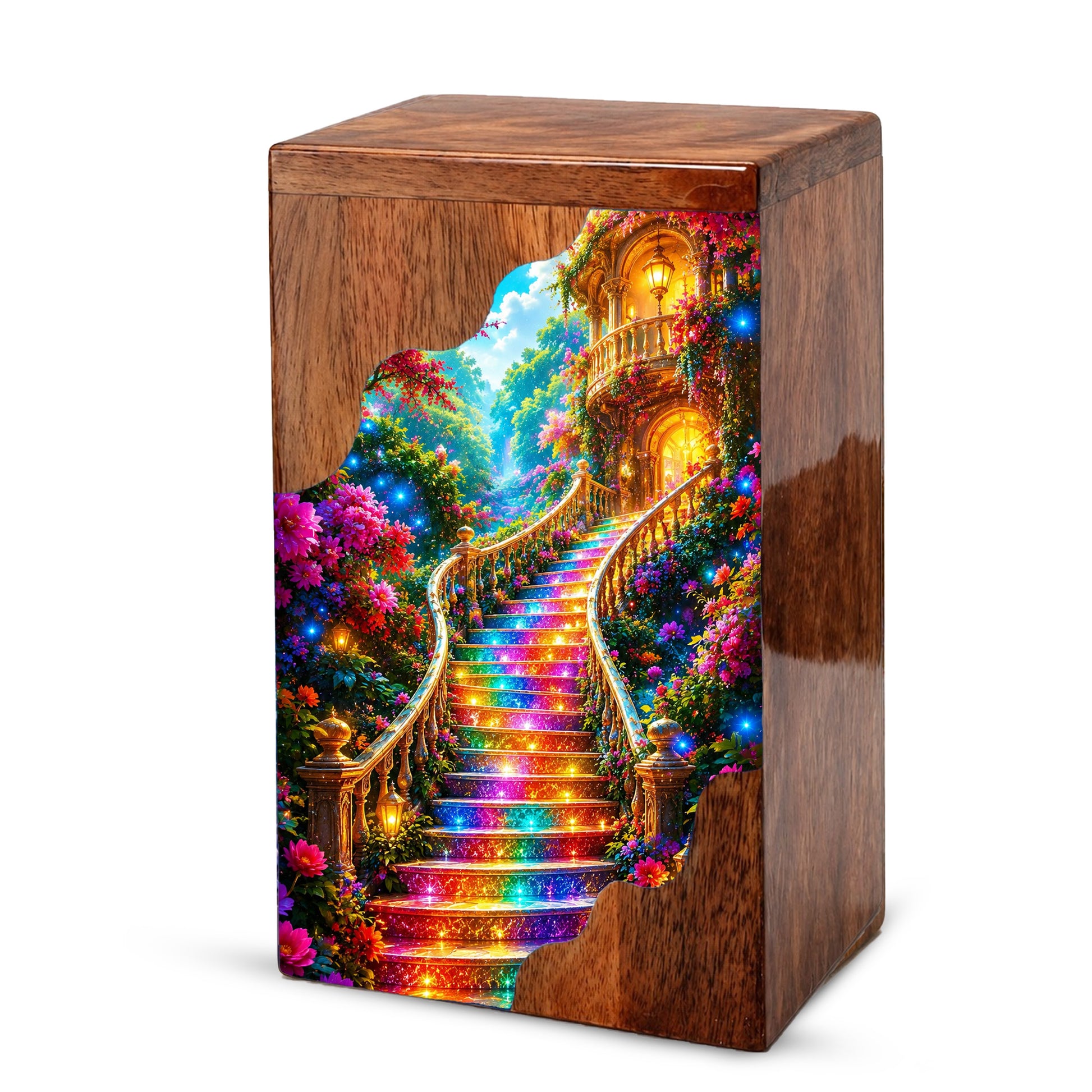 Enchanted Garden Stairway Wooden Cremation Urn – Personalized Memorial Urn for Human Ashes