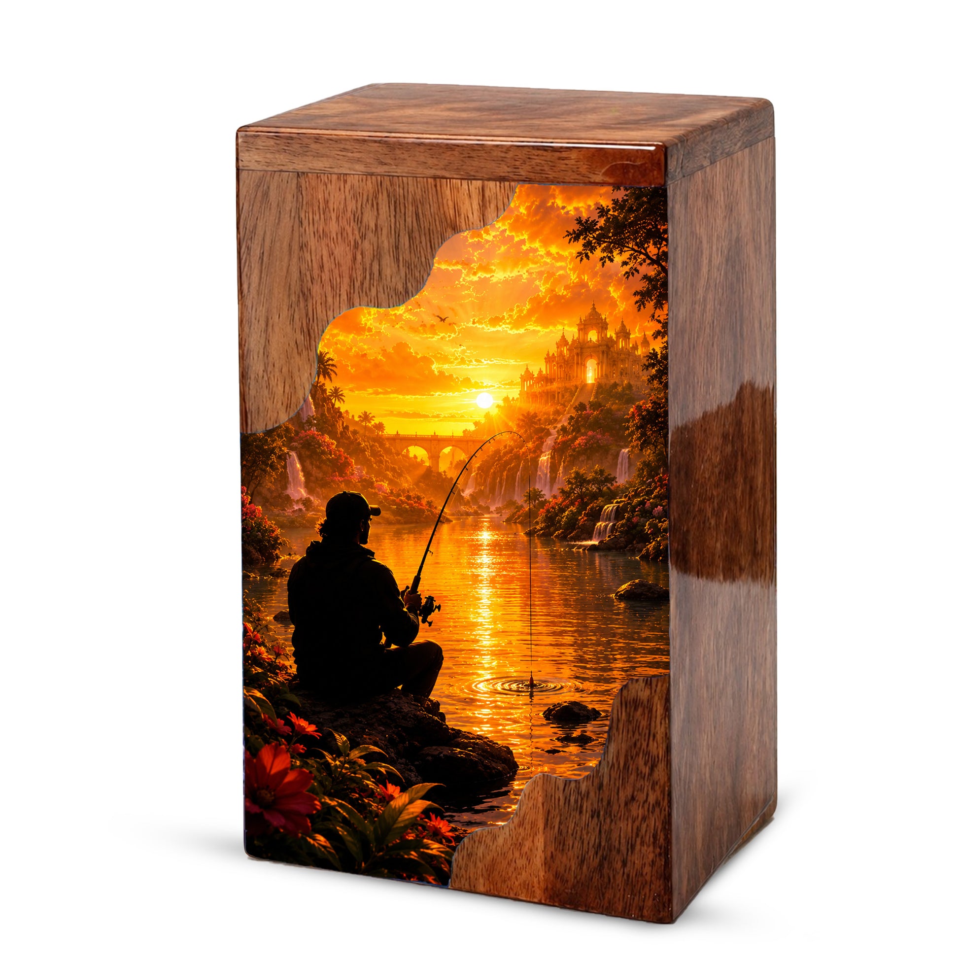 Eternal Waters Fishing Wooden Cremation Urn – Personalized Memorial Urn for Human Ashes