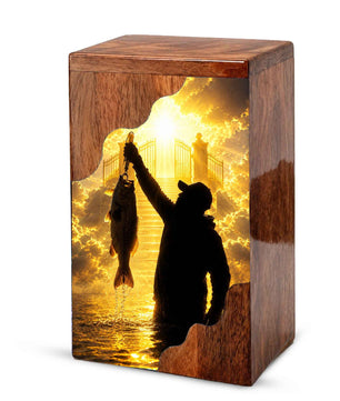 Fishing in Heaven Wooden Cremation Urn – Gone Fishing Memorial Urn for Human Ashes