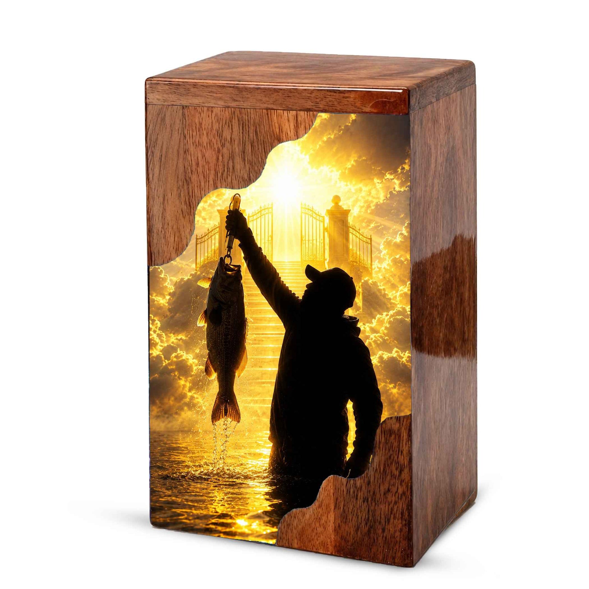 Fishing in Heaven Wooden Cremation Urn – Gone Fishing Memorial Urn for Human Ashes