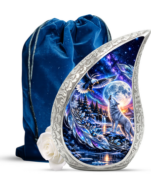 Wolf and Eagle Cremation Urn for Ashes, Wildlife Memorial Urn, Wolf Moon Adult Urn