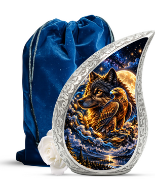 Wolf and Eagle Cremation Urn for Ashes, Wildlife Adult Memorial Urn, Celestial Animal Design