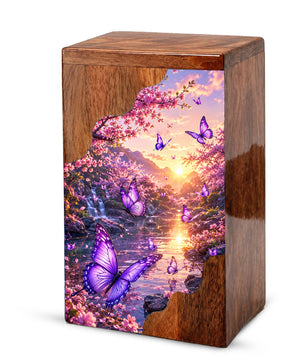 Purple Butterfly Wooden Cremation Urn – Floral Waterfall Memorial Urn for Human Ashes