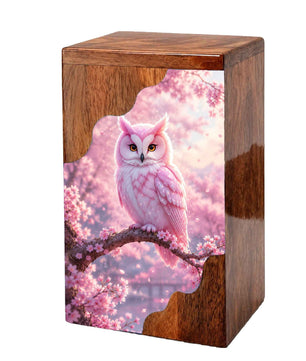 Pink Owl Wooden Cremation Urn – Cherry Blossom Memorial Urn
