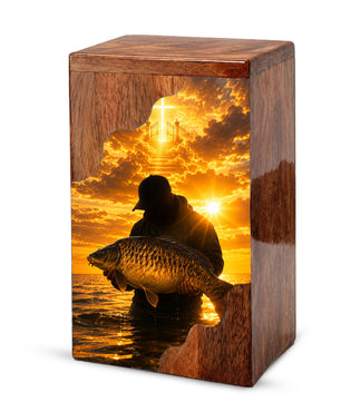 Fisherman Heaven Wooden Cremation Urn – Sunset Fishing Memorial Urn