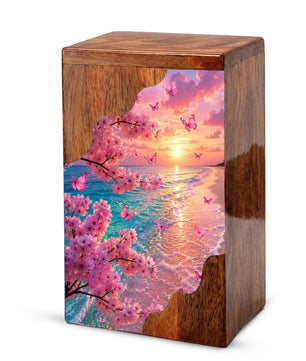 Cherry Blossom Beach Wooden Cremation Urn – Butterfly Memorial Urn for Human Ashes