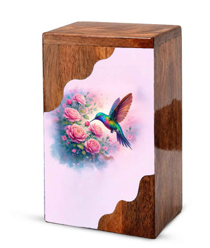 Hummingbird Wooden Cremation Urn – Floral Memorial Urn with Hummingbird Design