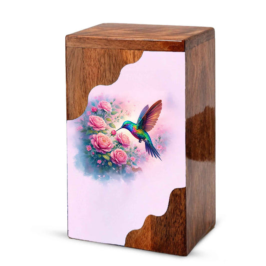 Hummingbird Wooden Cremation Urn – Floral Memorial Urn with Hummingbird Design