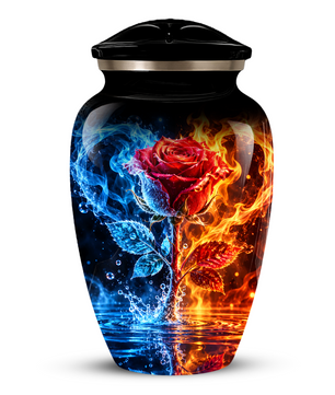 Red Rose Cremation Urn for Adult Ashes – Blue and Orange Flame Memorial Urn