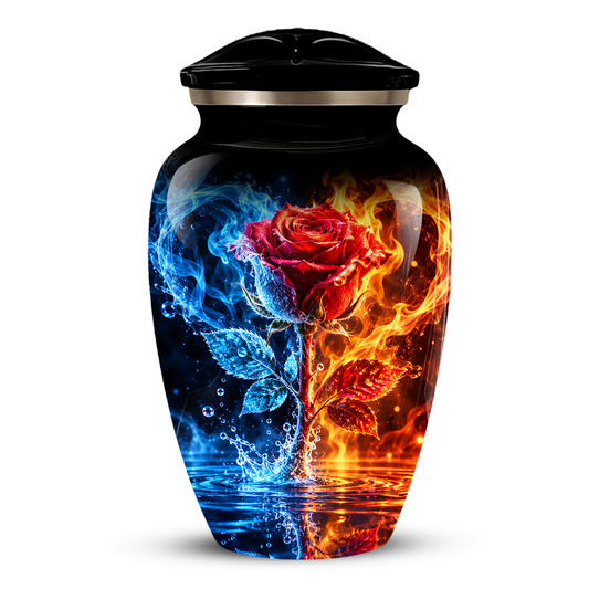 Red Rose Cremation Urn for Adult Ashes – Blue and Orange Flame Memorial Urn