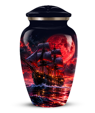Personalized Adult Cremation Urn for Ashes, Custom Pirate Ship Red Moon Memorial Urn, Nautical Cremation Urn