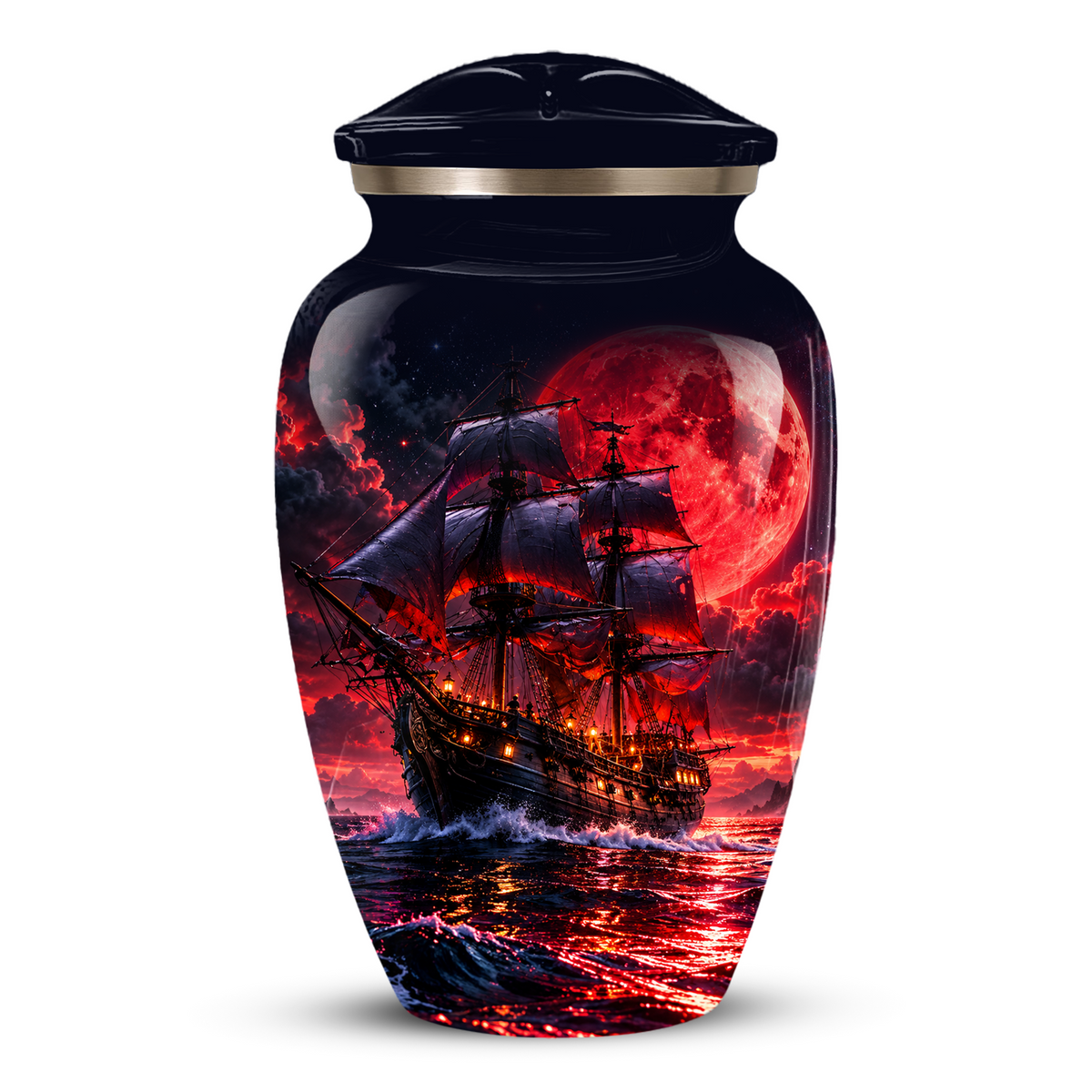 Personalized Adult Cremation Urn for Ashes, Custom Pirate Ship Red Moon Memorial Urn, Nautical Cremation Urn