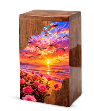 Personalized Sunset Beach Wooden Cremation Urn – Ocean Memorial Urn with Seagulls & Rose Garden