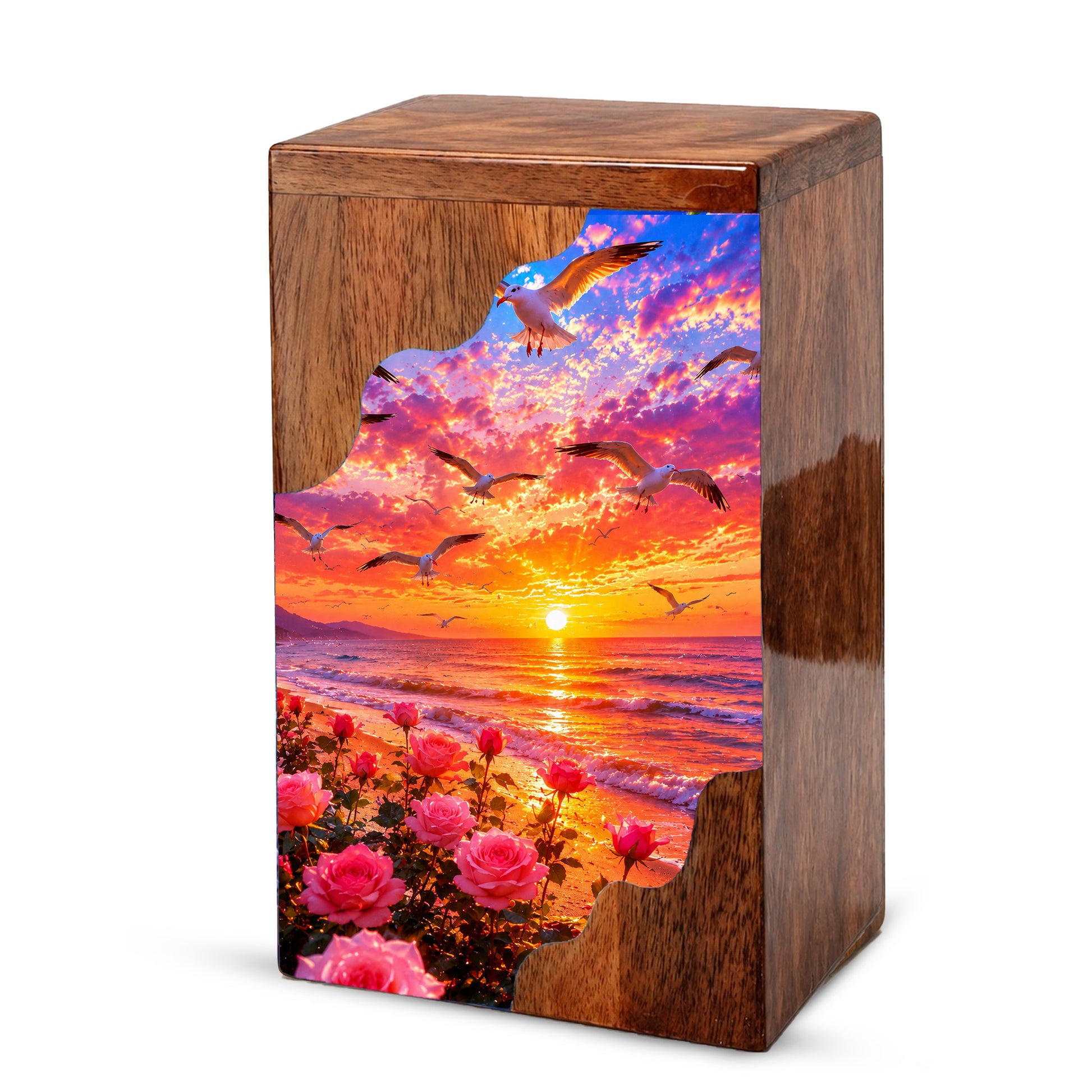 Personalized Sunset Beach Wooden Cremation Urn – Ocean Memorial Urn with Seagulls & Rose Garden
