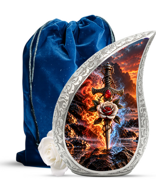 Sword and Rose Cremation Urn for Adult Ashes, Gothic Memorial Urn