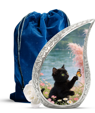 Butterfly Memorial Cat Urn - Black Cat Urn for Ashes, Custom Pet Urn for Cat