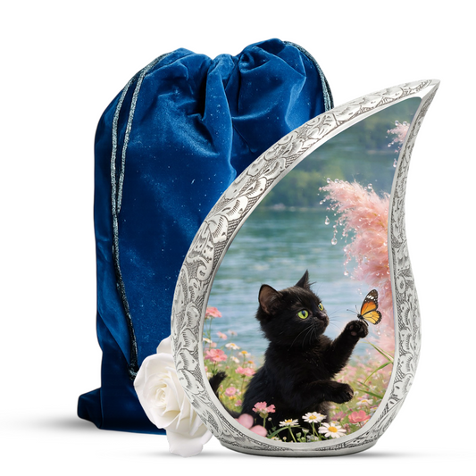Butterfly Memorial Cat Urn - Black Cat Urn for Ashes, Custom Pet Urn for Cat