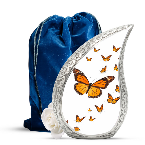 Butterfly Personalized Cremation Urn – Teardrop Style Aluminum Memorial Urn, 10 Inch