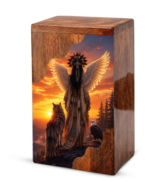 Spirit Guardian Wooden Cremation Urn – Angel Wings Memorial Urn for Human Ashes