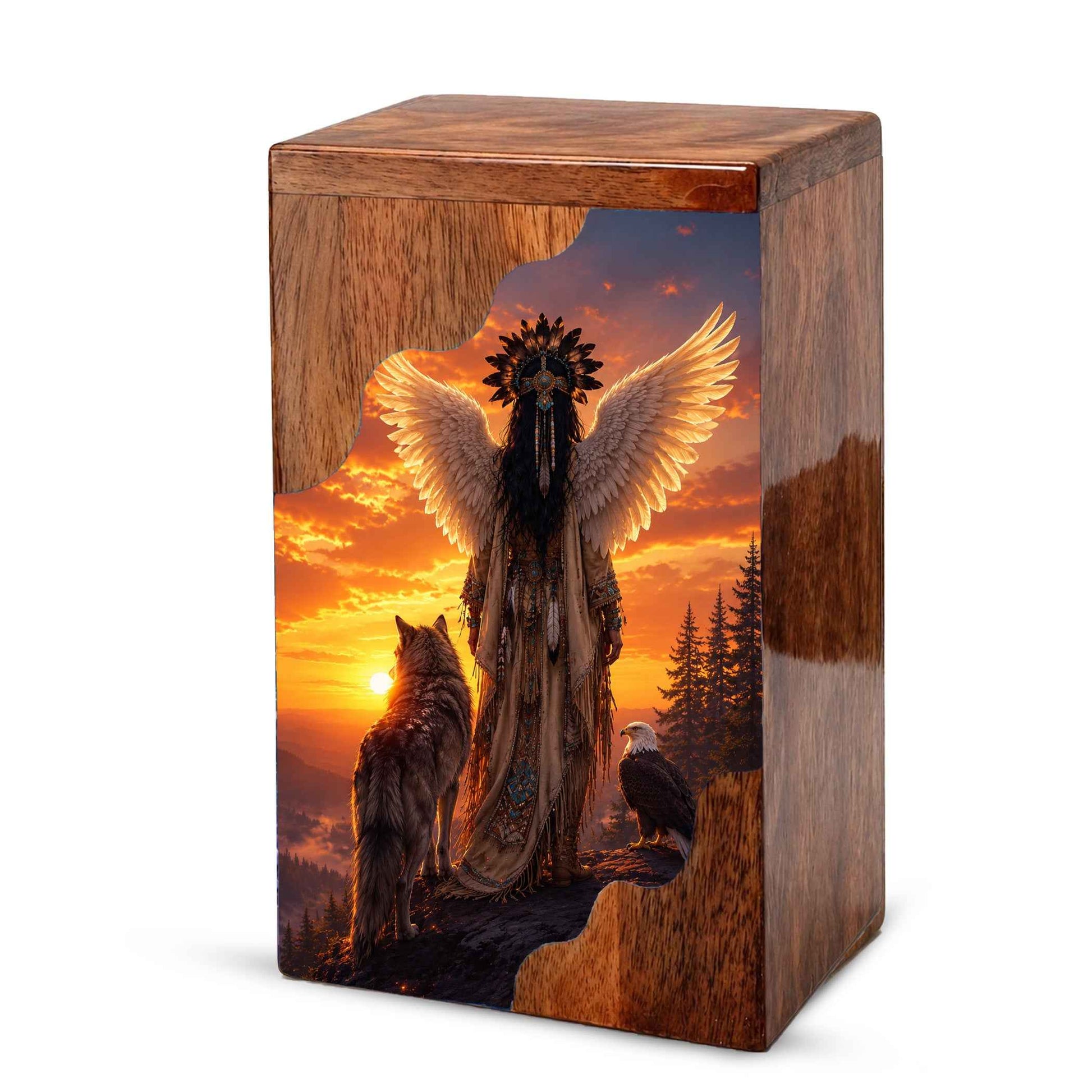 Spirit Guardian Wooden Cremation Urn – Angel Wings Memorial Urn for Human Ashes