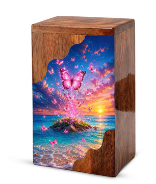 Pink Butterfly Ocean Wooden Cremation Urn – Sunset Memorial Urn for Mom