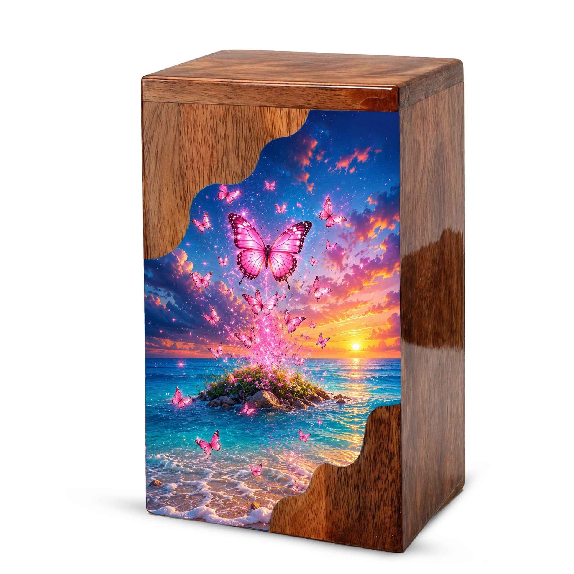 Pink Butterfly Ocean Wooden Cremation Urn – Sunset Memorial Urn for Mom