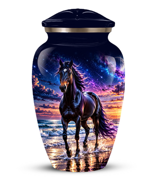 Personalized Adult Cremation Urn for Ashes, Custom Horse Memorial Urn, Black Horse with Purple Mane and Galaxy Sunset Design