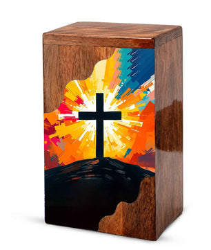 Wooden Cremation Urn – Radiant Cross Memorial Urn | Christian Wooden Urn for Ashes