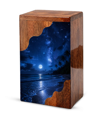 Moonlit Beach Wooden Cremation Urn – Ocean Memorial Urn for Human Ashes | Personalized Coastal Wooden Urn