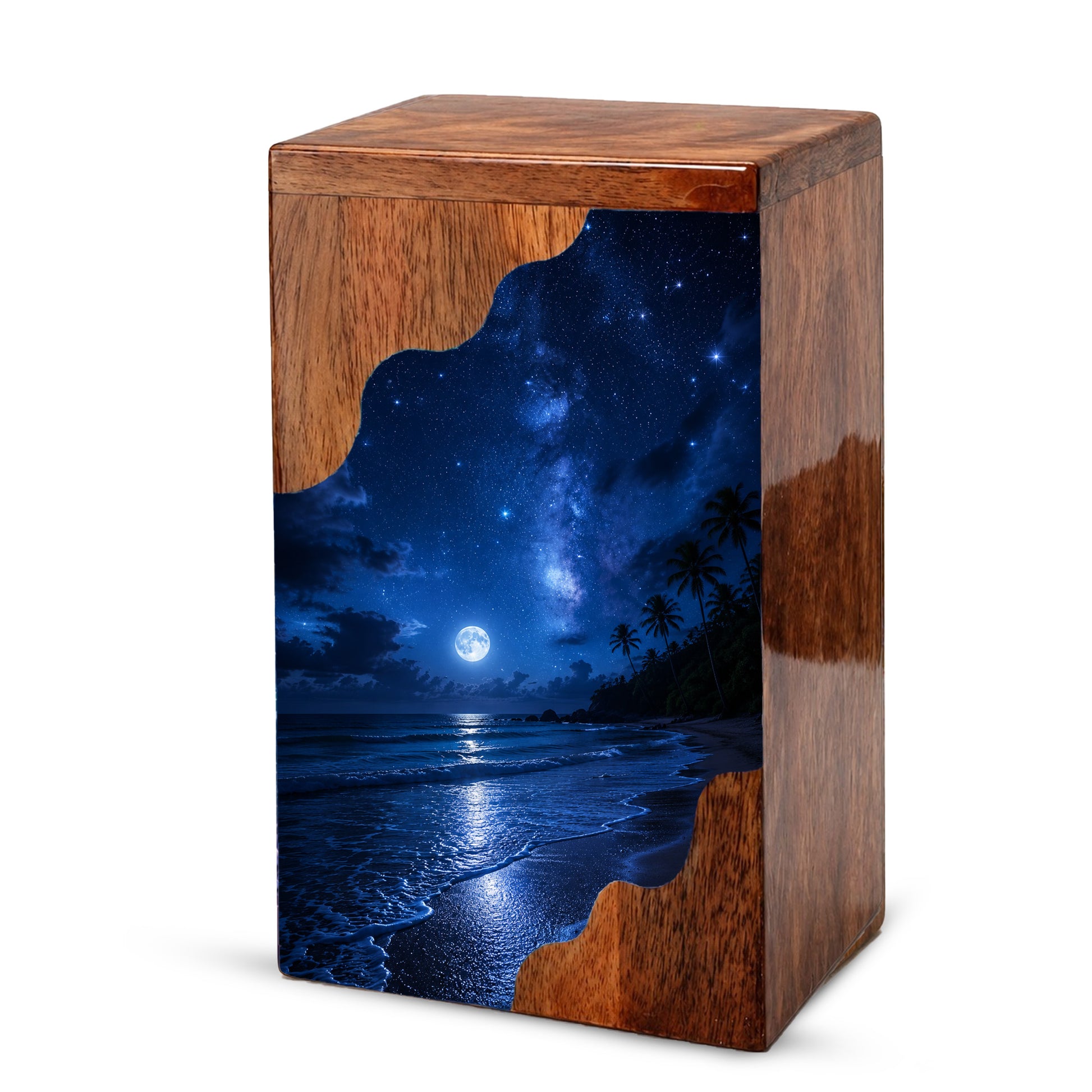 Moonlit Beach Wooden Cremation Urn – Ocean Memorial Urn for Human Ashes | Personalized Coastal Wooden Urn