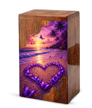Purple Butterfly Beach Wooden Cremation Urn – Sunset Memorial Urn for Mom