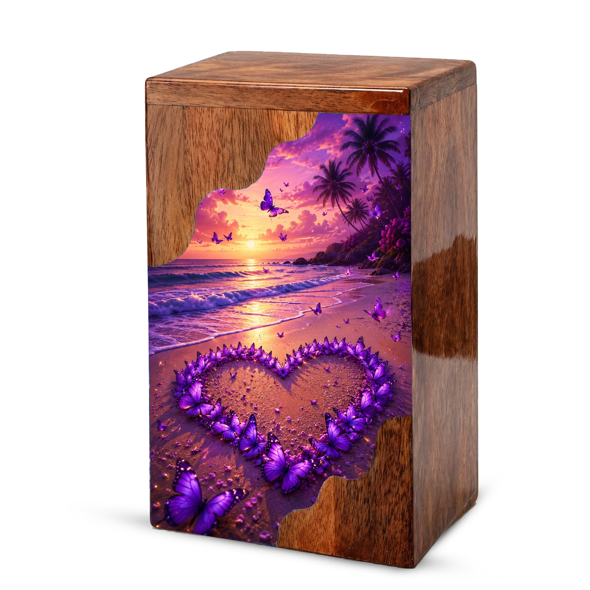 Purple Butterfly Beach Wooden Cremation Urn – Sunset Memorial Urn for Mom